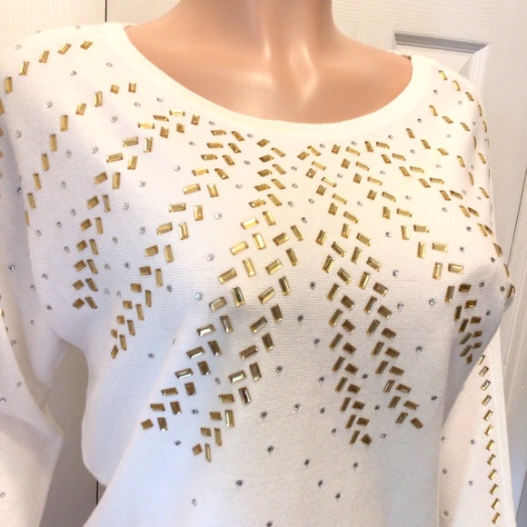 Madison Womens Jupiter White 3/4 Sleeve Embellished Pullover Sweater Size Large - Picture 2 of 6